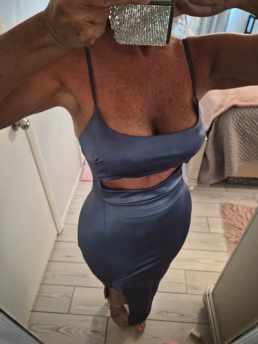 Satin Slip Midi Dress with Cutout - Charcoal